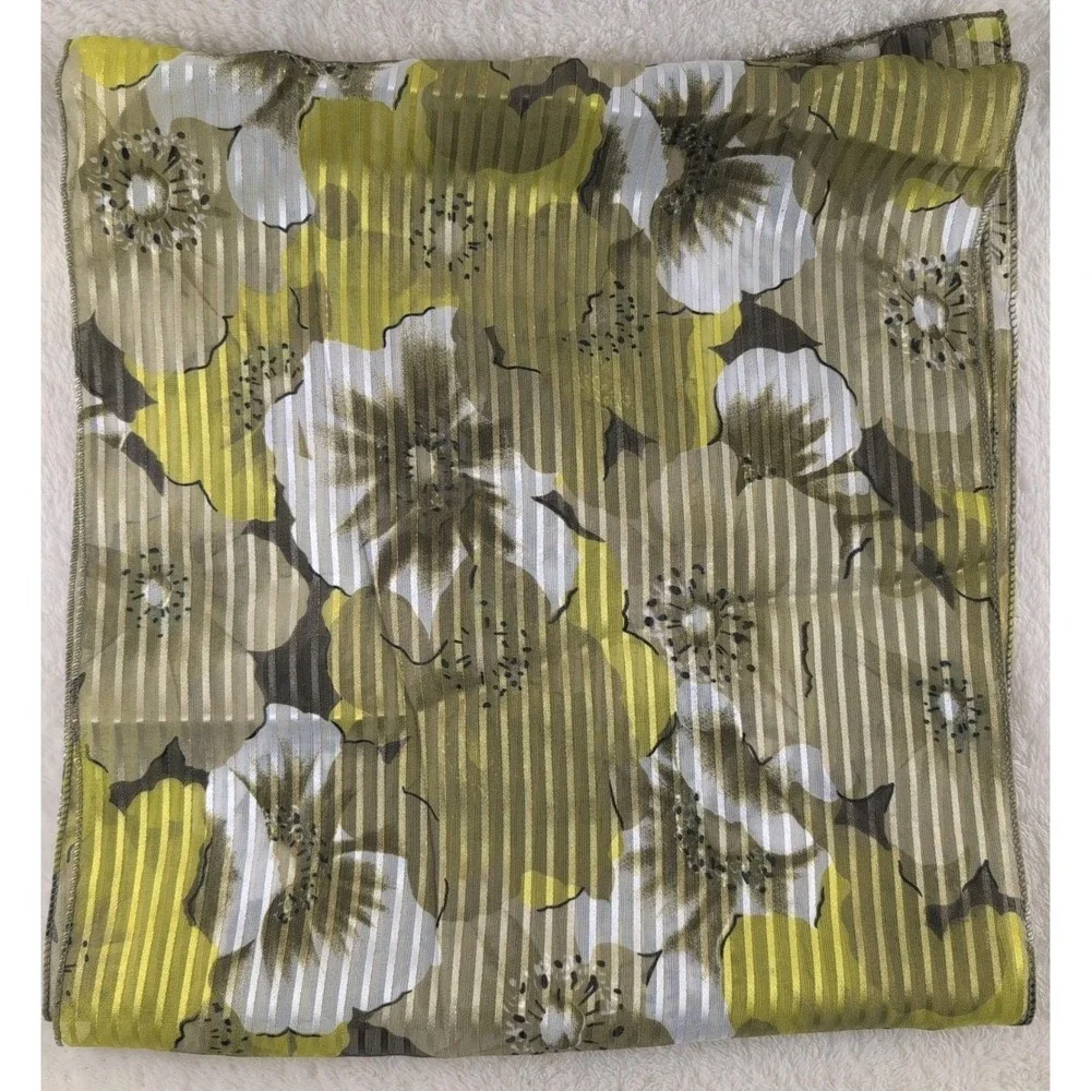 Vintage Sheer Floral Scarf – Green, White & Yellow Flowers w/ Metallic Stripes –